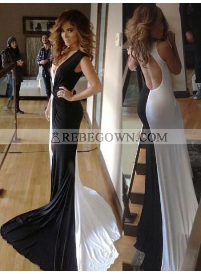 2023 New Designer White and Black Sheath Backless V Neck Prom Dress