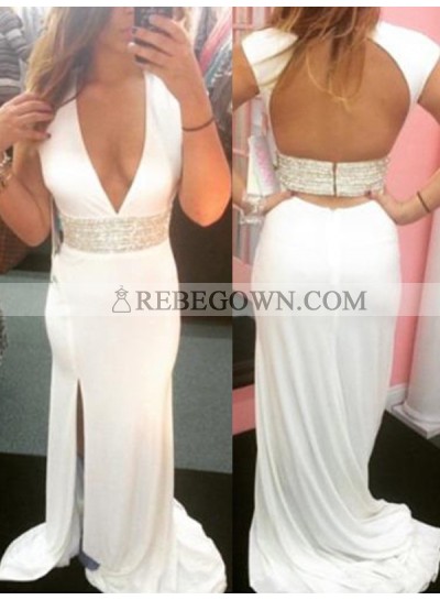 Amazing White Sheath V Neck Side Slit Backless Long Prom Dress 2023 