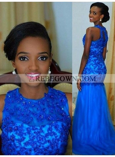 2023 Amazing Royal Blue Mermaid  Tulle and Appliques African American Long Prom Dress