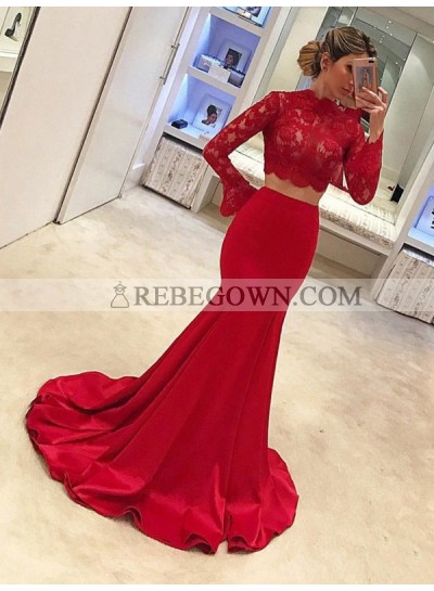 2023 New Arrival Mermaid  Red Long Sleeves Lace Two Pieces Satin Prom Dress