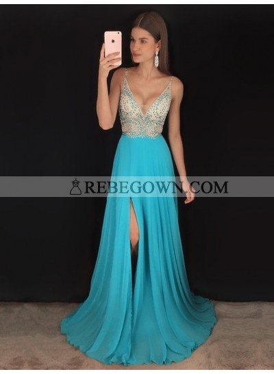 2023 New Arrival A Line Chiffon Side Slit Beaded V Neck Beaded Blue Prom Dress