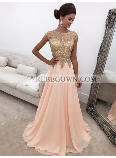 2023 New Designer A Line Chiffon Peach and Gold Appliques Scoop Prom Dress