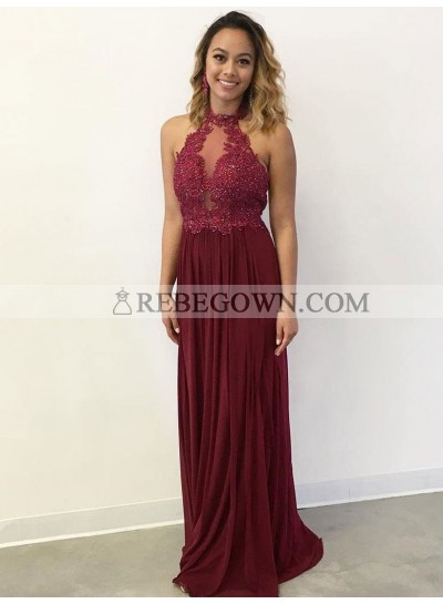 Cheap A Line Burgundy High Neck With Appliques Spandex 2023 Prom Dress