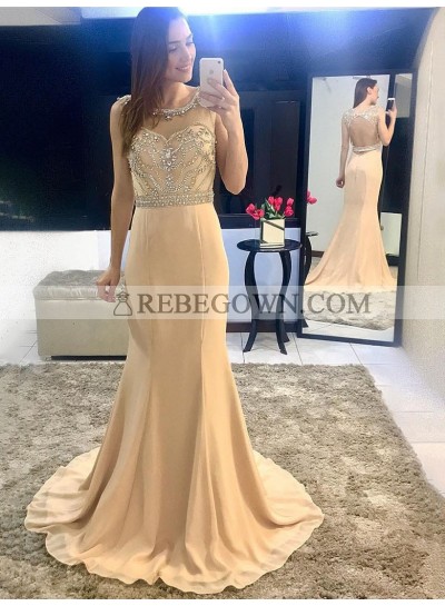 2023 New Arrival Mermaid  Chiffon Champagne Beaded Backless Scoop Long Prom Dress