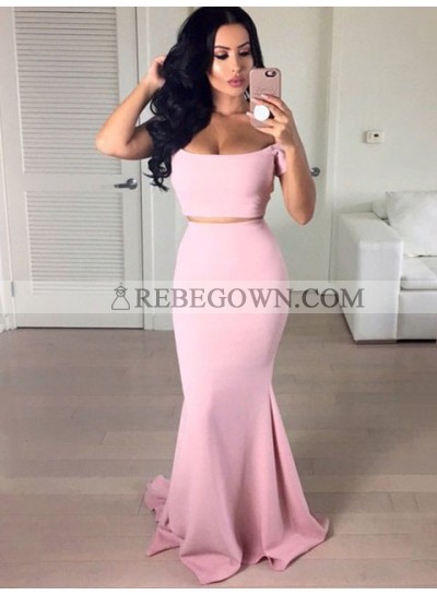 Charming Mermaid  Satin Blush Pink Two Pieces Off Shoulder Prom Dress 