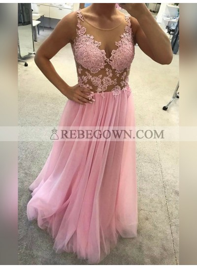 2023 Cheap A Line Tulle Pink Scoop See Through Prom Dress With Appliques