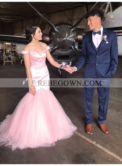 2023 Sexy Pink Mermaid  Tulle Satin Off Shoulder Sweetheart Prom Dress