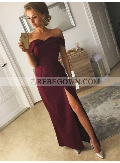 Grape Sheath Satin Off Shoulder Sweetheart Side Slit Cheap Prom Dress