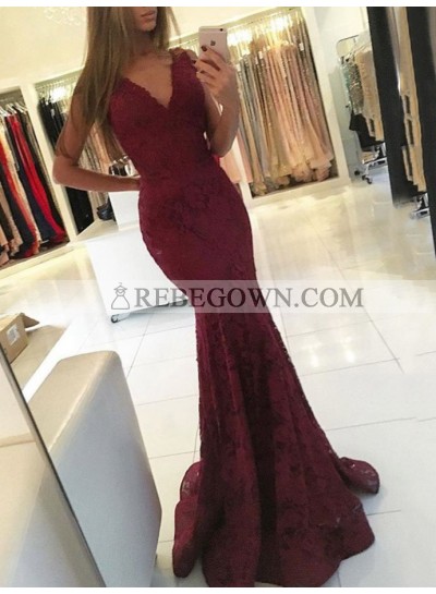 Sexy Mermaid  Burgundy V Neck Lace Sleeveless Long Prom Dress 2023
