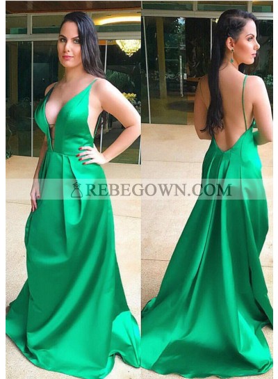 Loose A Line Green Satin Deep V Neck Backless Plus Size Prom Dress