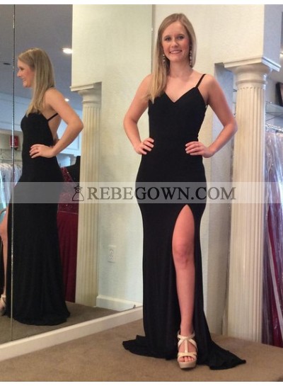Cheap Black Sheath Backless Side Slit V Neck Prom Dress 2023