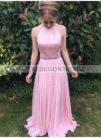 Cheap A Line Chiffon Pink Halter Beaded Sash Prom Dress 2023