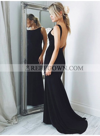 2023 Sexy Black Sheath Scoop Neck Backless Long Prom Dress