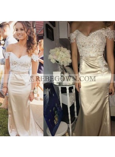 2023 New Arrival Sheath Off Shoulder Sweetheart Champagne Prom Dress With Appliques