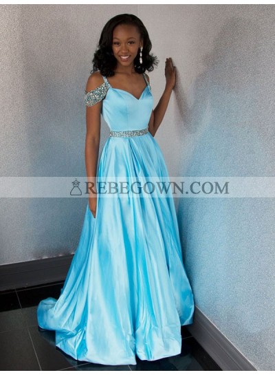 2023 Chap A Line Sweetheart Off Shoulder Blue Beaded Long Prom Dress