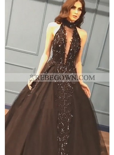 2023 New Designer Black High Neck Backless Satin Ball Gown Prom Dress