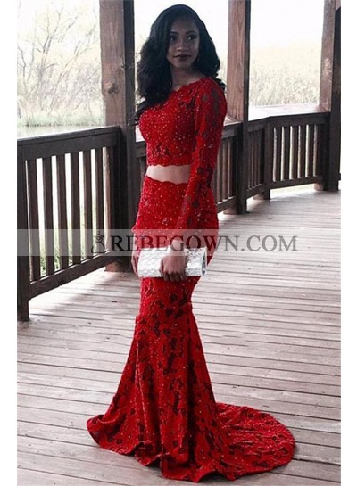 Charming Red Mermaid  Long Sleeves Two Pieces Lace Prom Dress 2023