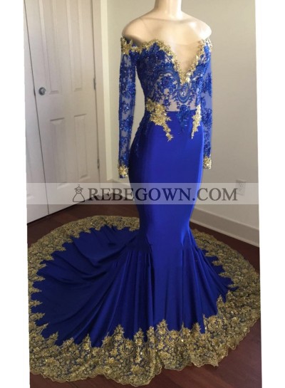 2023 Sexy Mermaid  Royal Blue And Gold Appliques Long Sleeves V Neck Off Shoulder Prom Dress