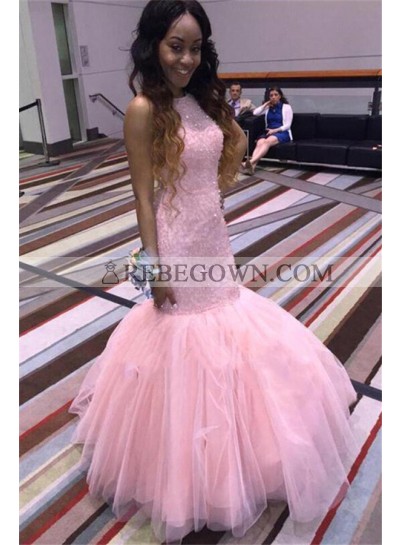 2023 Sexy Mermaid  Pink Tulle Full Beaded Sleeveless African American Prom Dress