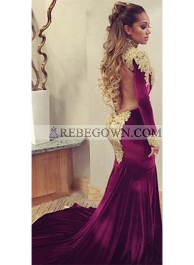 2023 Sexy Mermaid  Burgundy and Gold Appliques Velvet Long Sleeves African American Long Backless Prom Dress