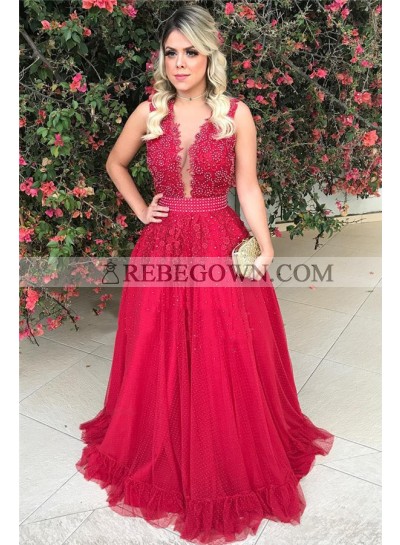 2023 Cheap A Line Tulle Red Beaded Backless Bowknot Back V Neck Long Prom Dress