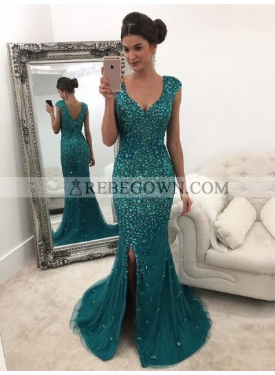 2023 New Arrival Sheath Tulle Side Slit Teal Sweetheart Capped Sleeves Prom Dress