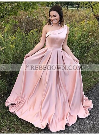 2023 Elegant A Line One Shoulder Satin Pink Long Prom Dress