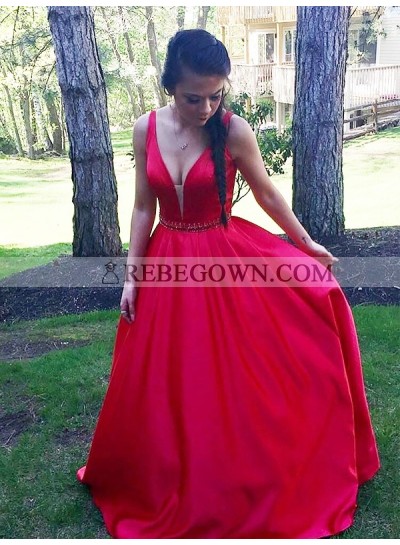 Elegant A Line Satin Red Sweetheart Sleeveless 2023 Long Prom Dress