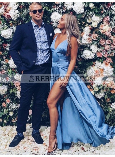 Charming A Line Blue Side Slit Elastic Satin Sweetheart Backless Prom Dress 2023