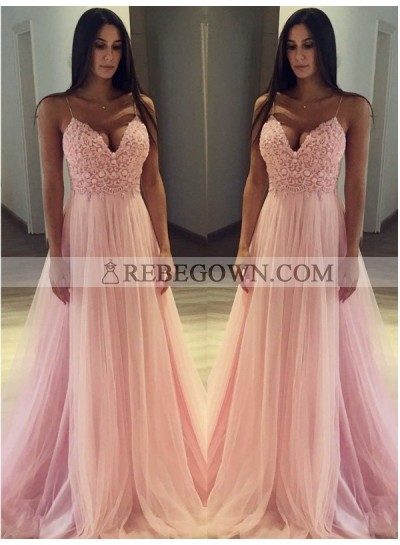 2023 Elegant A Line Sweetheart Pink Tulle Sweetheart Spaghetti Straps Prom Dress