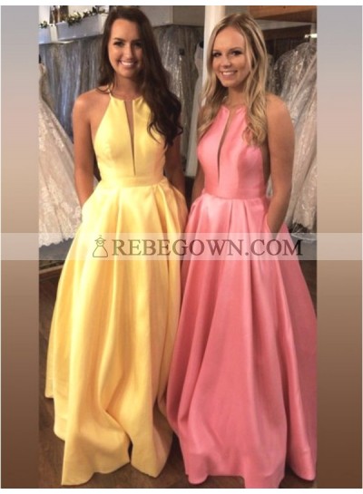 2023 Cheap Satin A Line Simple Yellow Halter V Neck Backless Prom Dress