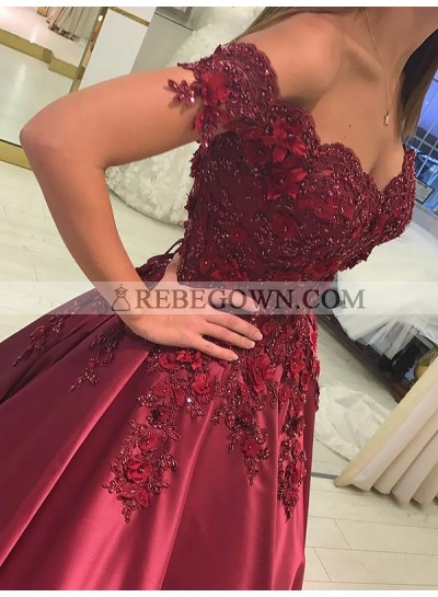2023 New Designer Off Shoulder Sweetheart Burgundy Satin Ball Gown Prom Dress