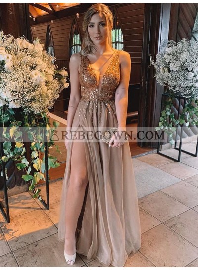 2023 Charming A Line Side Slit Chiffon Light Brown V Neck Beaded Prom Dress