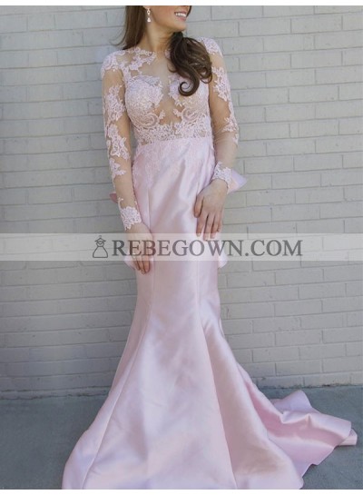 2023 New Designer Mermaid  Pink Long Sleeves Backless See Through Lace Prom Dress