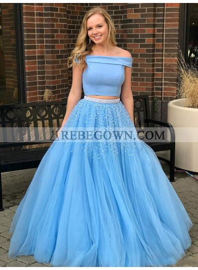 2023 Elegant Blue Off Shoulder Tulle Beaded Ball Gown Plus Size Two Pieces Prom Dress