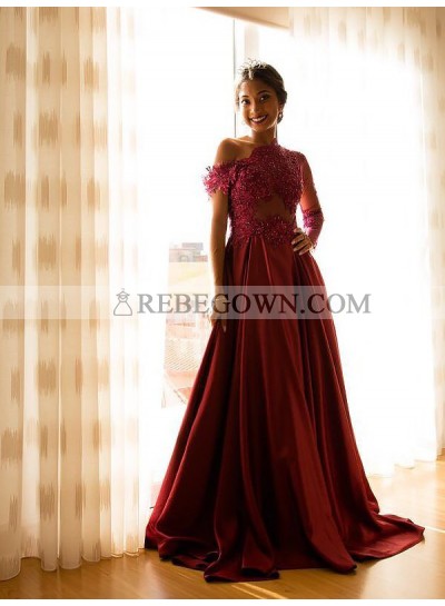 2023 Cheap A Line Satin One Shoulder See Through Long Burgundy Prom Dress With Appliques