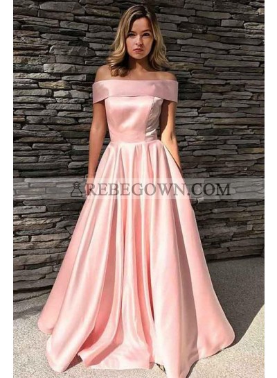Cheap Pink A Line Elastic Satin Off Shoulder Long Prom Dress 2023
