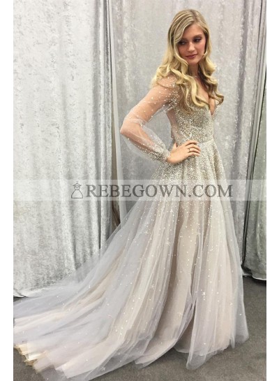 2023 Newly A Line Gray Tulle Long Sleeves See Through Sweetheart Beaded Prom Dress