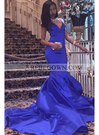 2023 Charming Satin Mermaid  Royal Blue V Neck Backless Criss Cross Prom Dress