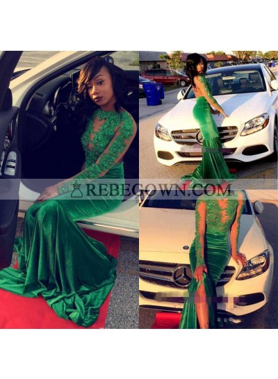 2023 New Arrival Mermaid  Long Sleeves Green Backless Velvet African American Prom Dress