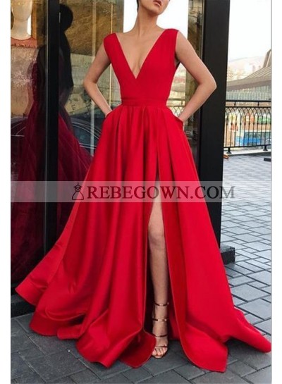 Charming A Line Satin Side Slit V Neck Red Prom Dress 2023