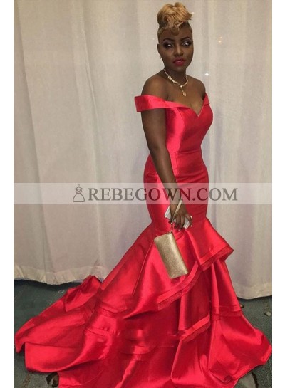 2023 Charming Red Mermaid  Off Shoulder Sweetheart Ruffles Satin Pleated Prom Dress