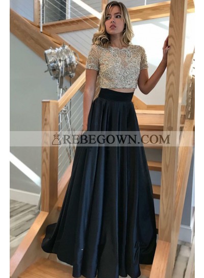 2023 Elegant A Line Satin Black Short Sleeves Beaded Two Pieces Prom Dress