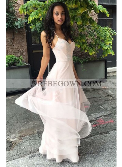 Cheap A Line Tulle Pearl Pink Sweetheart Halter Backless Prom Dress 2023
