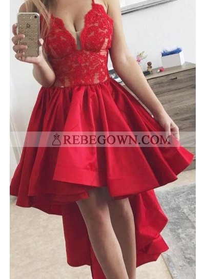 2023 New Arrival A Line Red Satin High Low Lace Short Prom Dress