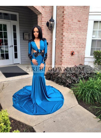 Newly Sheath Royal Blue and Black Long Sleeves V Neck Hollow Out African American Prom Dress