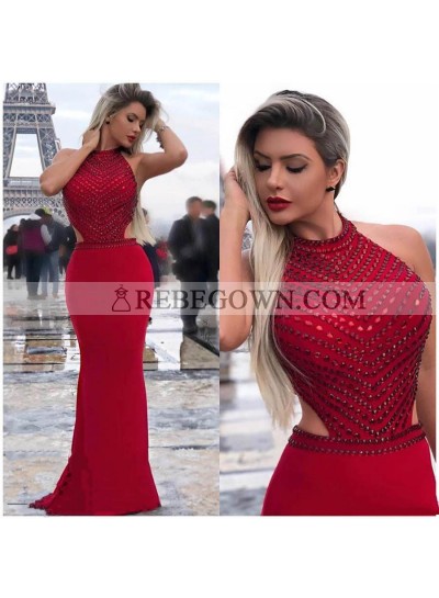 Sexy Red Mermaid  Backless Beaded 2023 Long Prom Dress