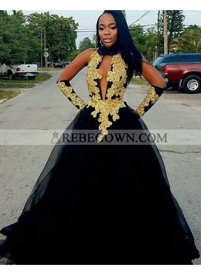 Cheap A Line Black and Gold High Neck Tulle Key Hole Backless African American Prom Dress 2023