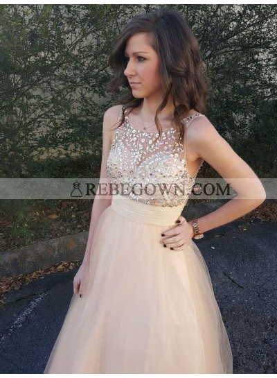 2023 A Line Cheap Tulle Peach Beaded Backless Long Prom Dress