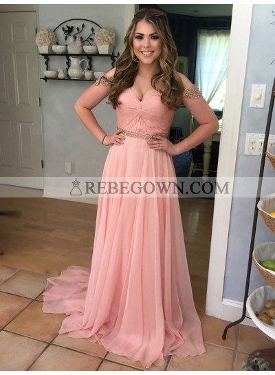 2023 Newly A Line Pink Chiffon Off Shoulder Pleated Sweetheart Long Prom Dress